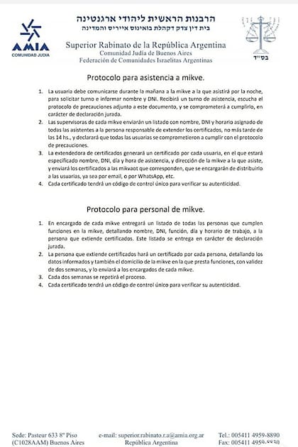 Protocolo que AMIA presentó ante el Gobierno en marzo, a través del cual se habilitó a las mikves a seguir funcionando a pesar de la cuarentena