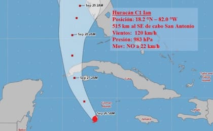 Proyección de la trayectoria del huracán 'Ian' cerca de Cuba el 26 de septiembre de 2022