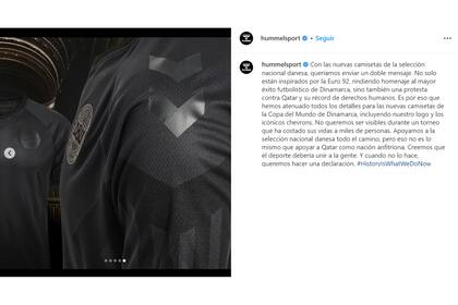 Publicación de la marca Hummel sobre la camiseta de Dinamarca para el Mundial Qatar 2022
