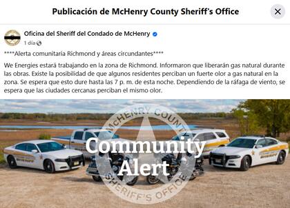 Publicación de la Oficina del Sheriff del Condado de McHenry, donde alerta sobre los trabajos de la empresa de energía
