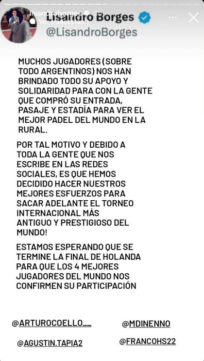 Publicación de Lisandro Borges, el promotor del torneo de Buenos Aires