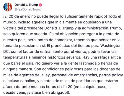 Publicación de Trump en Truth Social, su propia red social.