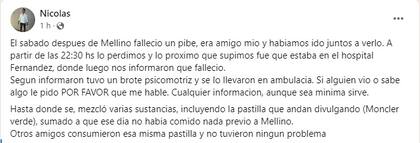 Publicación de un amigo del joven fallecido en Mandarine Park