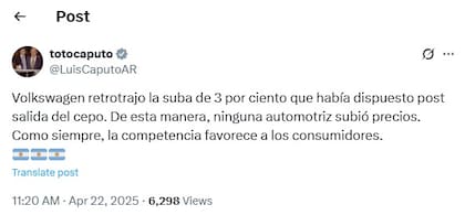 Publicación del ministro de Economía vía X