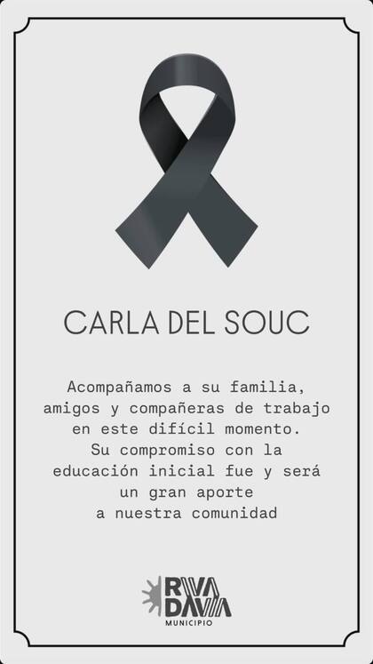 Publicación del Municipio de Rivadavia por la muerte de Carla del Souc