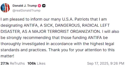 Publicación del presidente norteamericano, Donald Trump, sobre el movimiento Antifa. Fuente: Truth Social