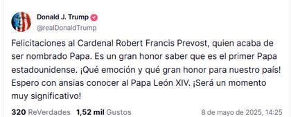 Publicación del presidente Trump tras el nombramiento del nuevo Papa