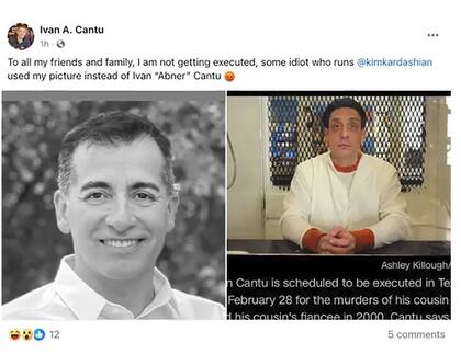 Publicación en Facebook de Iván Cantú, el hombre que demandó a Kim Kardashian por usar su foto por error