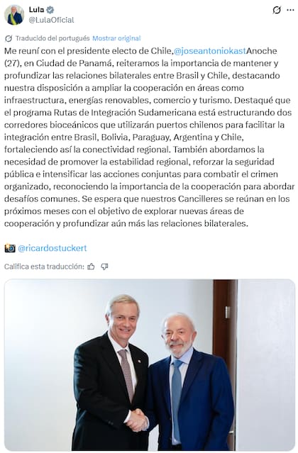 Publicación en X de Lula tras la bilateral con Kast