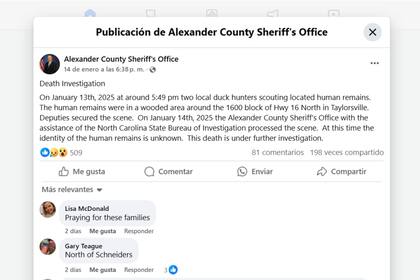 Publicación oficial de la Oficina del Sheriff del Condado de Alexander (Foto Facebook)