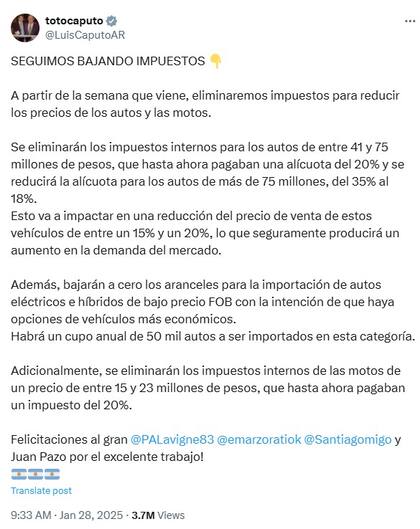 Publicación vía X del ministro