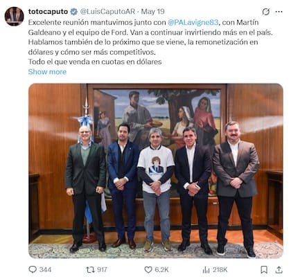 Publicación vía X del ministro de Economía, Luis Caputo, luego de reunirse con el número uno de Ford Sudamérica, Martín Galdeano
