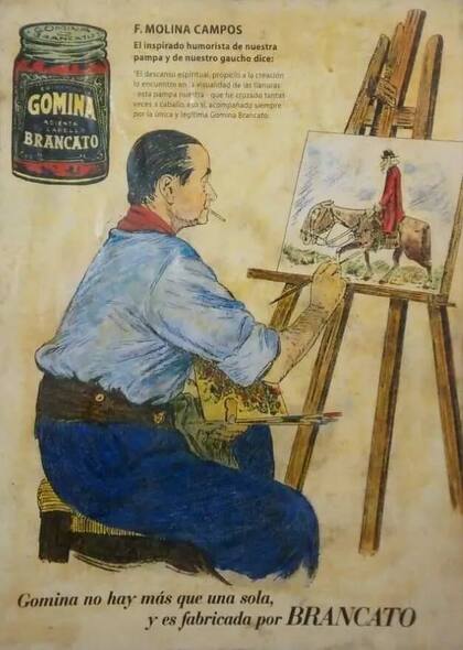 Publicidad de Gomina en la que aparece el artista Molina Campos