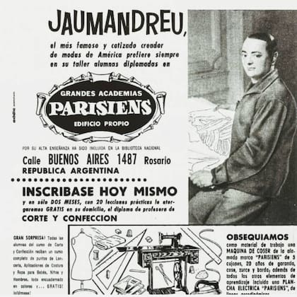 Publicidad de la casa Jaumandreu en la que lo presentan como "el más famoso y cotizado creador de modas de América"