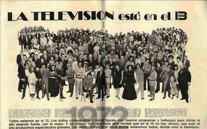 Publicidad de la programación de Canal 13 con Gaby, Fofó y Miliki en el centro, 1972