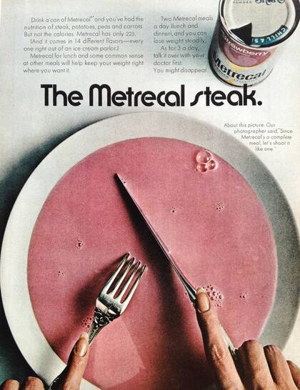 Publicidad de Metrecal, el alimento líquido que se vendió en Estados Unidos en la década de 1960