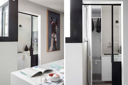 Puerta corrediza (Metalúrgica Pedro D'Angelo). Muebles diseñados por el equipo de la reforma y ejecutados a medida; sistema de tubos de acero inoxidable extraíble para colgar la ropa. Cuadro (Sofía Willemoës).