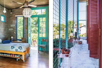 Puerta de demolición (El Mojón), ventanas (Marcelo Castelar) y cortina roller (Laura Korin). Cama de guindo con zapatero móvil (Mario Naschimbene), almohadones y manta (Huitrú). Ventilador (Tiravento), lámpara ‘Grimsås’ (Ikea) y silla recuperada (Casa Naranja).