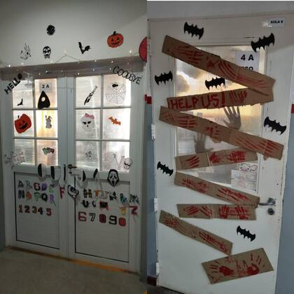 Puertas decoradas por los alumnos del Complejo Educativo Nenelandya, en Villa Ballester: murciélagos, mensajes en inglés y huellas ensangrentadas formaron parte de la propuesta escolar de Halloween