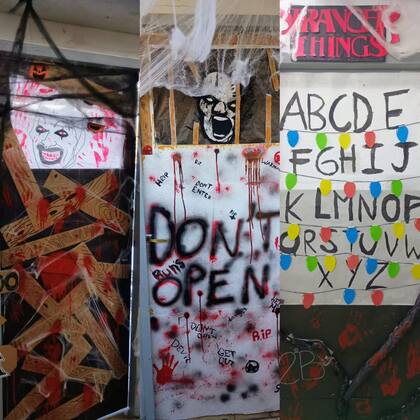 Puertas intervenidas por los alumnos del Instituto Santa Ana, en Tigre: escenas de terror, huellas ensangrentadas y guiños a Stranger Things formaron parte de la jornada escolar de Halloween