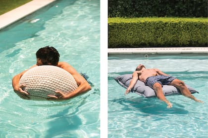 Puf y colchoneta, hechos de materiales que permiten disfrutar de la pileta a puro relax.