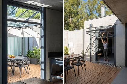 Punto de o entre el garage, el quincho y la cocina, el patio ofrece un híbrido entre exterior e interior. "Es muy práctico cuando viene gente, pero también lo usamos mucho para comer".