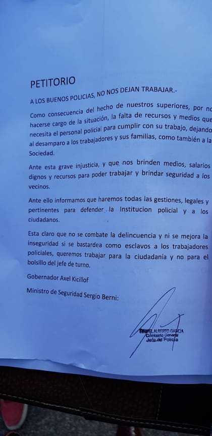 Qué dice el petitorio que la Policía le entregó Axel Kicillof