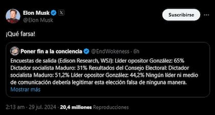 "Qué farsa", otra de las reacciones de Elon Musk en redes sociales a las elecciones en Venezuela