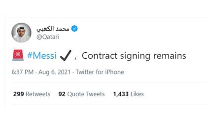 "Queda la firma del contrato", escribió Mohammed Saeed Alkaabi quien tiene relación directa con el PSG