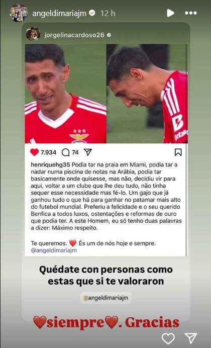 "Quédate con personas que te valoran", el mensaje de Jorgelina Cardozo a Ángel Di María
