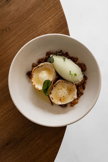 Queso de cabra, sorbet y polvo de pera, miel y granola especiada