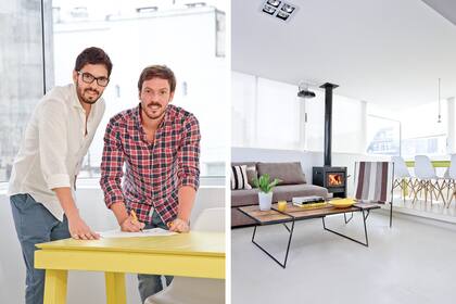 El dueño de casa y el Arq. Benjamín Pozzo (der.) La mesa ratona ‘Transporteibel’ (Estudio DWG) tiene patas desmontables para trasladarla fácilmente a la terraza. Aberturas de aluminio ‘Módena’ (Aluar).