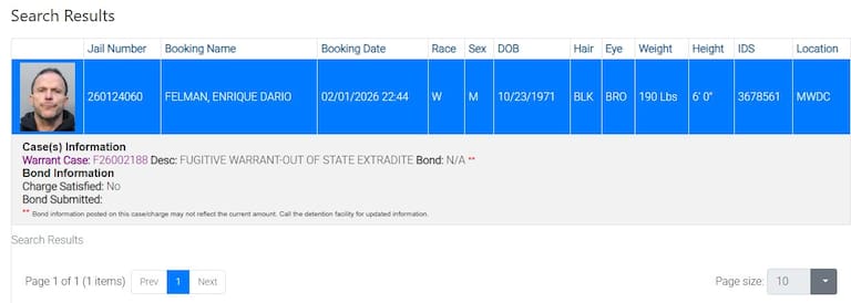 Quique Felman ya aparece en el sistema norteamericano por su detención (Foto: MiamiDade)