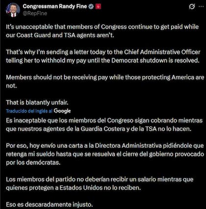 Randy Fine pidió que todos los miembros del Congreso dejen de recibir su salario mientras perdure el cierre del gobierno federal