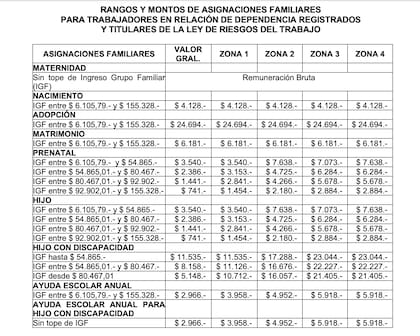 Rangos y montos de asignaciones familiares para trabajadores en relación de dependencia registrados y titulares de la ley de riesgos del trabajo