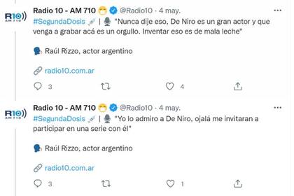 Raúl Rizzo desmintió en Radio 10 que él hubiera sido el autor de las frases en contra de la visita de Robert De Niro a Buenos Aires