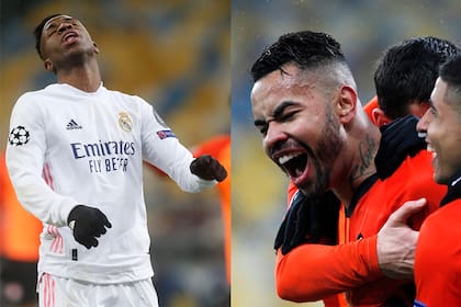 Las dos caras del mismo partido: Vinicius Jr. se lamenta, mientras Dentinho, delantero brasileño de Shakhtar, es puro festejo tras su gol, el primero de su equipo.