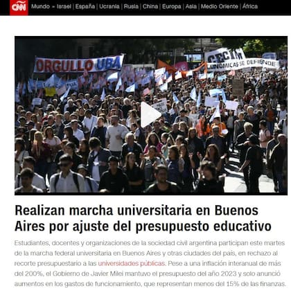 "Realizan marcha universitaria en Buenos Aires", tituló CNN en español