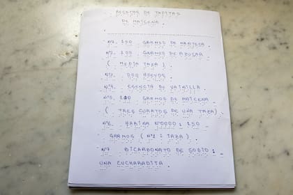 Receta, escrita en Braille, de tapitas de maicena