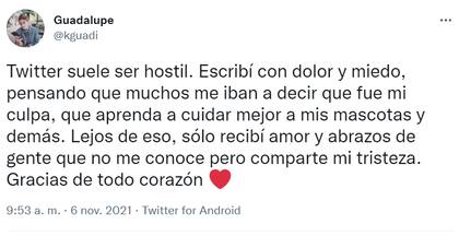 "Recibí amor y abrazos de gente que no me conoce pero comparte mi tristeza", escribió Guadalupe sobre las repercusiones que tuvo su tuit