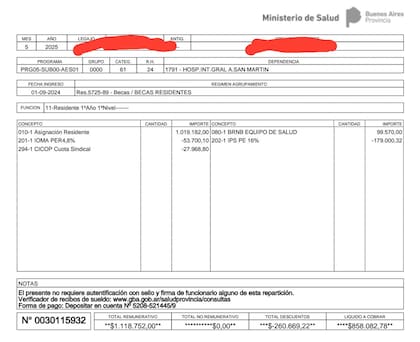Recibo de sueldo de un residente médico
