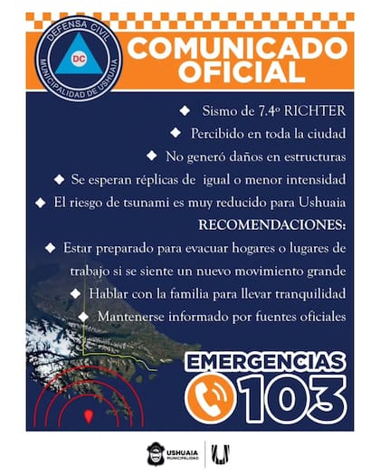 Recomendaciones del municipio de Ushuaia tras el terremoto de este martes 2 de mayo