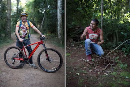 Recorrer los senderos en bicis es una buena opción. Derecha, uno de los guías del lugar muestra cómo en su comunidad se hacían las trampas para cazar animales.