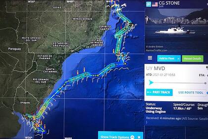 Recorrido del barco Stone, que pasa por Brasil y Uruguay.