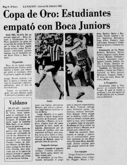 Recorte de LA NACION del 24 de febrero de 1983, un día después del primer partido de Úbeda tras su regreso al club de la Ribera.