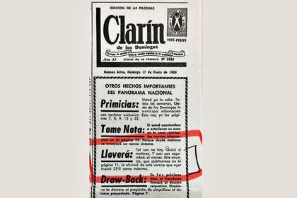 Recorte de la tapa de Clarín del 17 de enero de 1960
