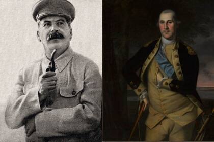 Recorte de una foto de autor desconocido: Molotov, Stalin y Voroshilov en el aeropuerto central de Frunze en Moscú el 25 de junio de 1937, durante una reunión de los miembros de la expedición al Polo Norte. Imagen escaneada del libro: Stalin. Su sexagésimo cumpleaños. Moscú, Pravda, 1940 (izquierda). Retrato de George Washington, de Charles Willson Peale, en 1776, oleo sobre lienzo, Museo de Brooklyn, Fondo Dick S. Ramsay.