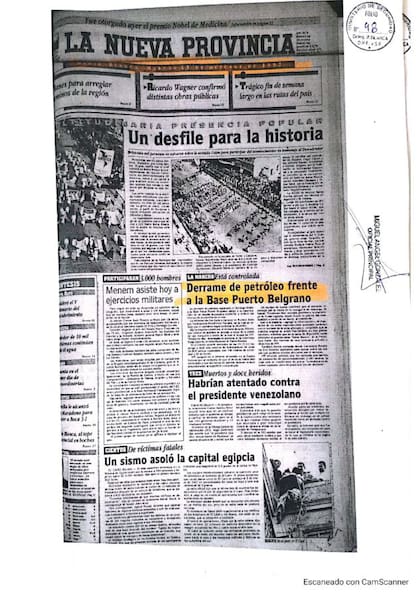 Recorte del diario La Provincia sobre un derrame petrolero de YPF de 1993 en Puerto Coronel Rosales, provincia de Buenos Aires