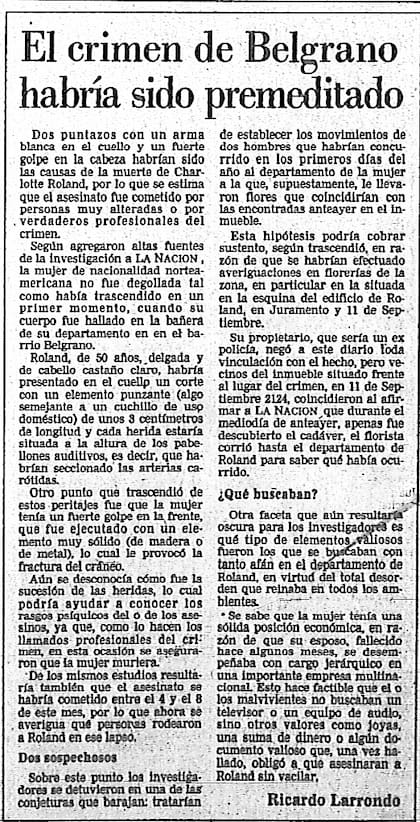 Recortes de las publicaciones en LA NACION del caso del homicidio de la norteamericana Charlotte Roland