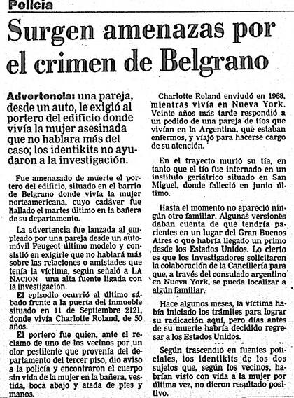 Recortes de las publicaciones en LA NACION del caso del homicidio de la norteamericana Charlotte Roland